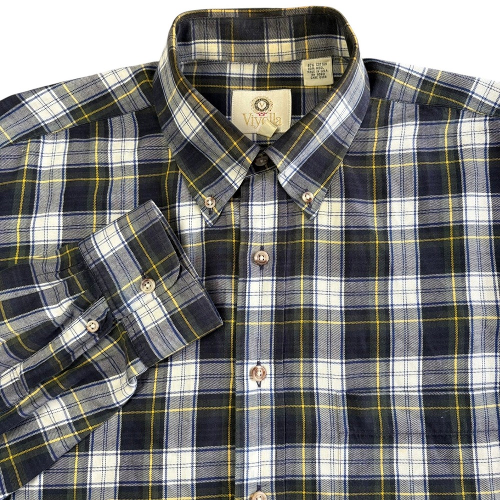 Viyella Plaid Button Down Shirt Mens L Navy Green Yellow Cotton Wool Blend USA